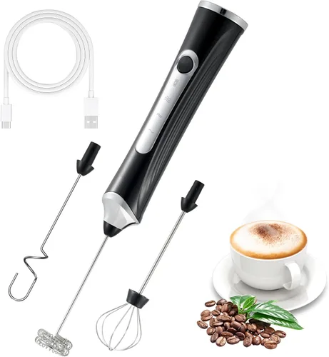 Vista 9 de Espumador de leche eléctrico de mano con 2 cabezas, batidor de café con espuma recargable por USB de 3 velocidades, licuadora de espuma para café