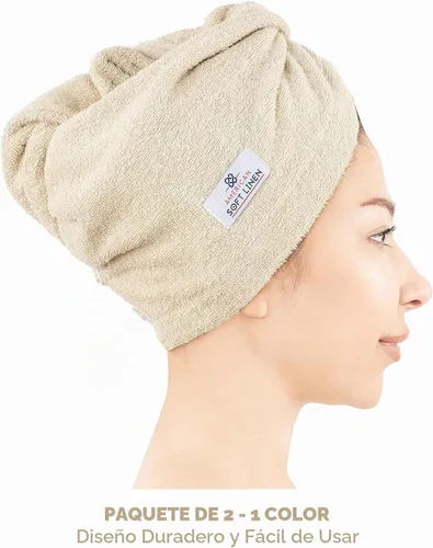 Vista 2 de American Soft Linen Toallas de pelo 100 % algodón para mujer, gorro de toalla de pelo, turbante de algodón para cabello largo y rizado Beige