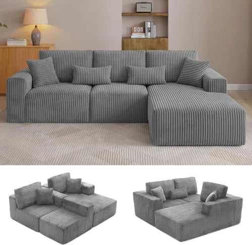 Vista 14 de Sofá modular en forma de L de 108 pulgadas, sofá modular sin hueso para sala de estar, cómodo sofá esponjoso de pana con asiento profundo Camel