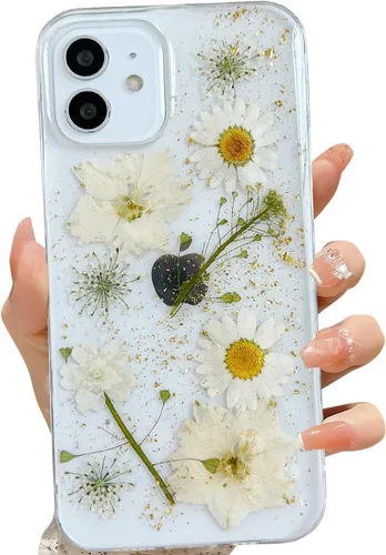 Vista 23 de LSEEKA Funda transparente para iPhone 11 con diseño de flores prensadas reales, linda y brillante, patrón floral rosa, funda protectora delgada