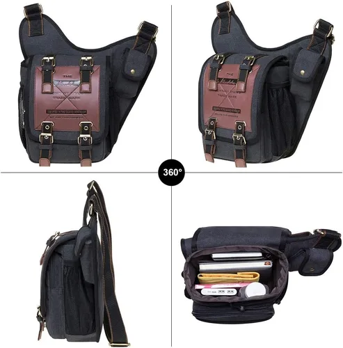 Vista 4 de Bolso de mensajero de lona vintage para hombre, bolso de mensajero de retazos de cuero en el pecho