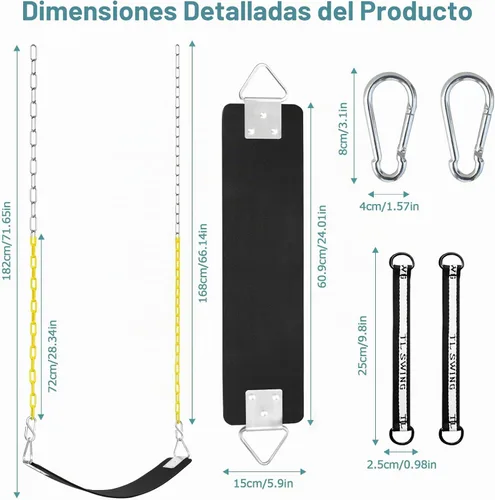 Vista 9 de Juego de 2 asientos de columpio con anillo triangular de metal y cadenas antioxidantes de 66 pulgadas, reemplazo de columpio con ganchos a presión