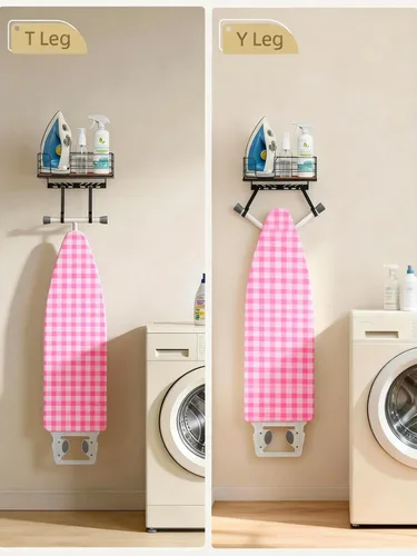 Vista 3 de THYGIFTREE Gancho ajustable para tabla de planchar para montaje en pared, se adapta a tablas en forma de T e Y, marco de metal con estante de madera