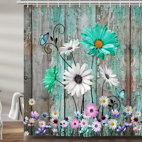 Vista 19 de Cortina de ducha rústica con diseño floral, cortina de ducha rústica con margaritas, cortina de ducha de madera rústica con ganchos, 36 x 72 Verde