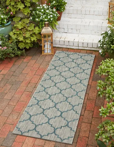 Vista 62 de Unique Loom Outdoor Trellis Collection Alfombra de Área (5' 1" x 8' Oval, Aguamarina/Gris)