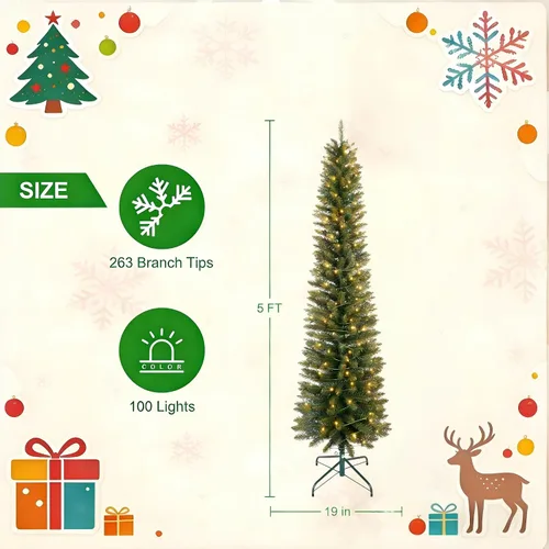 Vista 3 de Árbol de Navidad artificial preiluminado de 5 pies, color verde, para espacios pequeños, hogar, oficina, decoración de vacaciones Lápiz