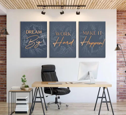 Vista 2 de 3 piezas de lienzo inspirador de oro azul para oficina, arte de pared, inspirador motivacional positivo, pinturas botánicas, cuadros de decoración