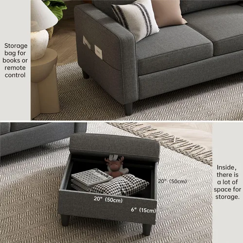 Vista 3 de Sofás Seccionales para Sala de Estar - Sofá Moderno en Forma de L Gris Oscuro de 3 Asientos con Otomana de Almacenamiento Reversible y Bolsillos