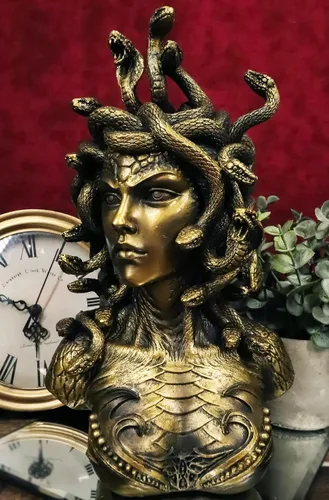 Vista 9 de Ebros Gift Mitología griega Hermanas Gorgona Diosa Medusa con Serpientes Salvajes Pelo y Escamas Blindadas Estatua de busto de piel de 10 pulgadas