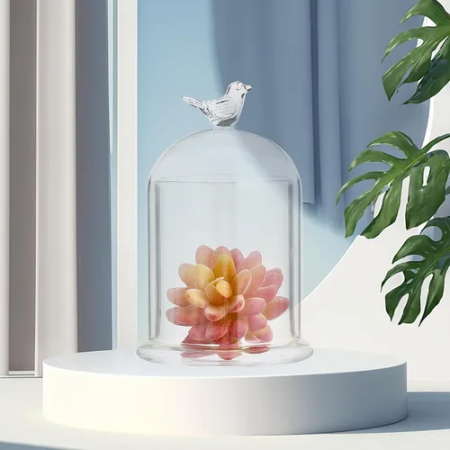 Vista 6 de CHGCRAFT Cubierta de cúpula de cristal con diseño de pájaro en forma de arco con base de vidrio, vitrina decorativa para portavelas, plantas
