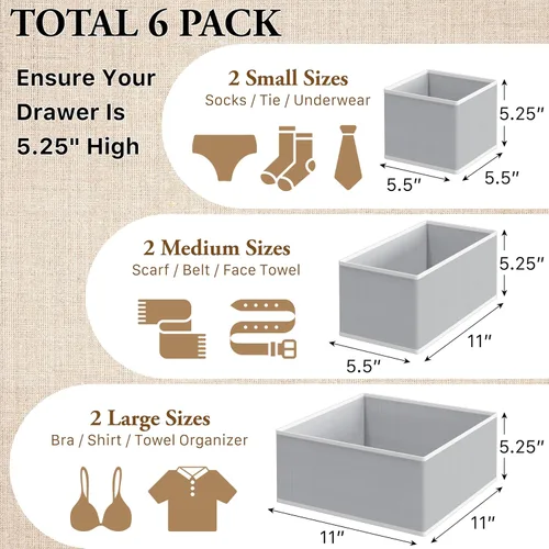 Vista 2 de Simple Houseware Organizador de cajones de ropa interior para lencería, ropa interior, brasier, bragas, calcetín, mameluco, juego de 6, gris