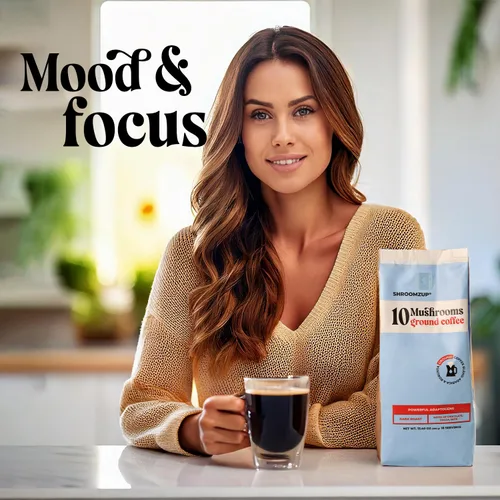 Vista 7 de Shroomzup Café de hongos molidos para preparar – 10 hongos tostado oscuro – melena de león, reishi, chaga, cola de pavo, cordyceps, café de hongos
