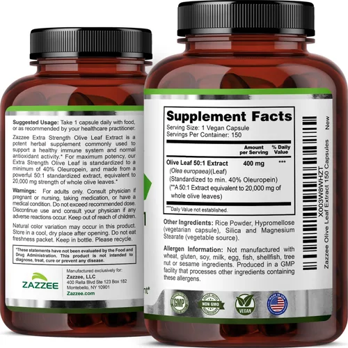 Vista 6 de Zazzee Extracto de hoja de olivo extra fuerte 50:1, 40% de oleuropeína, 150 cápsulas veganas, suministro para 5 meses, Olea Europaea, fuente