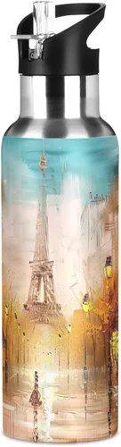 Vista 8 de Stainless Steel Vacuum Insulated Water Bottle 32 Oz, Leakproof Water Bottles for Gym Outdoor Travel School, Painting Street Paris Eiffel