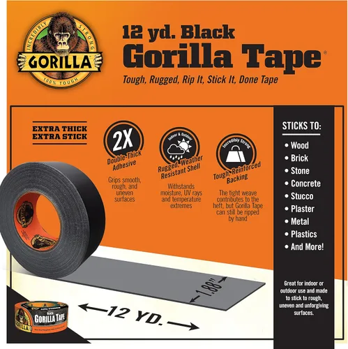 Vista 2 de Gorilla Cinta adhesiva negra, 1.88" x 12 yardas, negra, (paquete de 3)