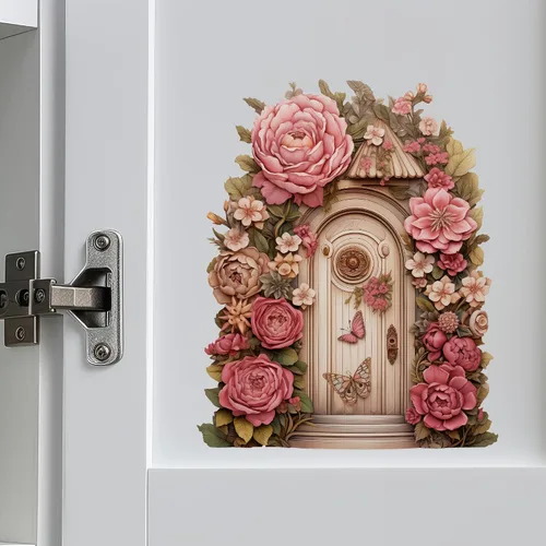 Vista 5 de Peony Flower Garden House - Adhesivo de pared para puerta de hadas