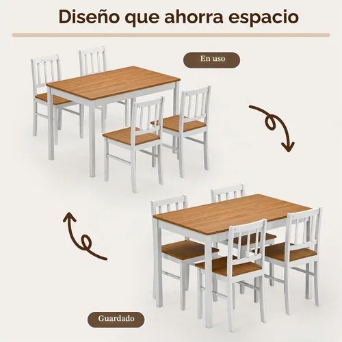 Vista 5 de Juego de mesa de comedor de 5 piezas para 4, juego de mesa de cocina rectangular de madera maciza con 4 sillas, juego de comedor de madera que