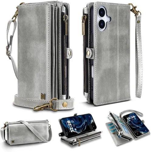 Vista 16 de Funda tipo cartera para iPhone 16 Pro Max con 8 tarjeteros, bloqueo RFID, piel sintética, función atril, abatible, correa de muñeca y correa