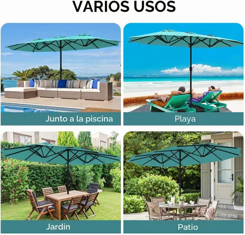 Vista 8 de Sombrilla de doble cara para patio de 15 x 9 pies con base y manivela, sombrilla rectangular extragrande para patio, césped y jardín, beige