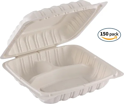 Vista 2 de TIYA - Recipientes de comida Clamshell color blanco, paquete de 150 unidades, 8 x 8 pulgadas, recipientes para llevar, plástico para microondas