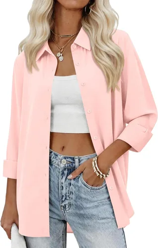 Vista 16 de siliteelon Camisas con botones para mujer, camisas de vestir sólidas, de manga larga, cuello fluido, para trabajo, oficina, negocios, blusas de gasa