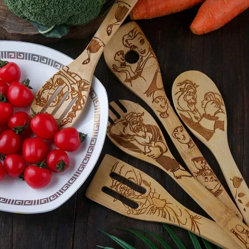 Vista 5 de Beauty and the Beast Juego de cucharas de madera quemadas para cocinar y servir, cuchara de bambú ranurada, utensilios de cocina, idea de regalo