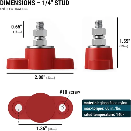 Vista 6 de MGI SpeedWare Poste de Conexión de Energía con Perno de 1/4" para Conexiones de Accesorios de Baterías Automotrices y Marinas de 12V 24V, 160 AMP