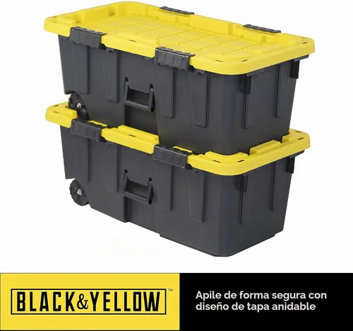Vista 7 de Caja resistente negro y amarillo, 20 galones con ruedas, interior/exterior, resistente (paquete de 2)