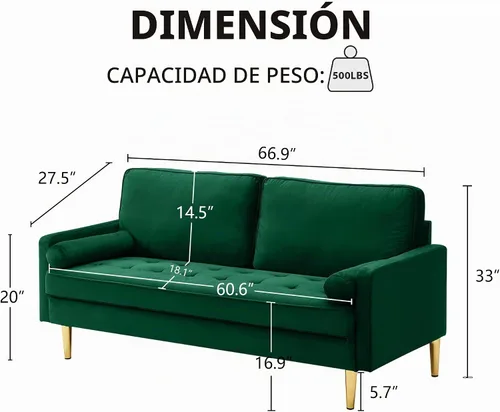 Vista 2 de Sofá LoveSeat de 67 pulgadas, sofá biplaza, sofás modernos de tela de terciopelo con diseño de puntos con dos almohadas redondas para espacios Verde
