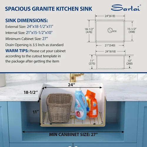 Vista 4 de Sarlai White Undermount/Drop In Kitchen Sink 24 x 18 Inch Laundry Sink 11 Inch Extra Deep White Fireclay Ceramic Single Bowl Dual-mount Utility