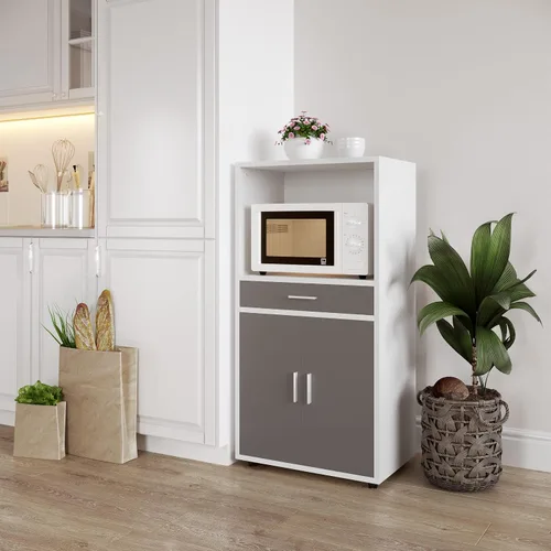 Vista 6 de Lavish Home - Soporte para microondas con cajón, armario de almacenamiento con puertas y ruedas de bloqueo, almacenamiento independiente de cocina