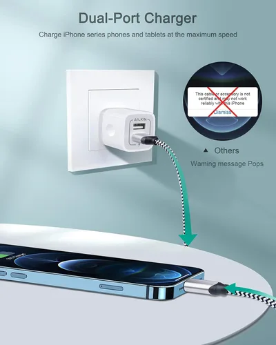 Vista 57 de AILKIN - Cargadores para iPhone con certificación MFI, cable Lightning trenzado de 6 pies de largo USB Wall Charger, Fast Charging Power Cord Plug