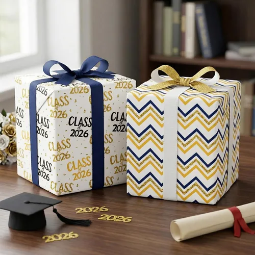 Vista 5 de WAPLIGHAL Papel de regalo de graduación para clase de 2026 – Gorras de graduación, diplomas, estrellas y lo hiciste en negro, color dorado, papel