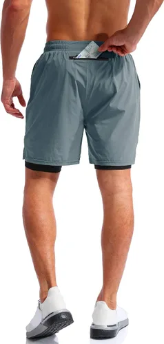 Vista 4 de Pudolla Mens 2 in 1 Running Shorts 7" Quick Dry Gym Athletic Workout Shorts for Men with Phone Pockets