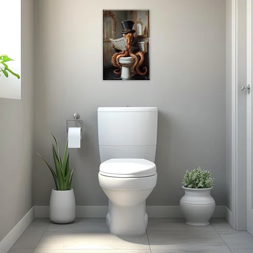 Vista 44 de GLOKAKA Lienzo decorativo para baño, diseño divertido de alpaca sentado en el inodoro, leyendo periódico, arte de pared, humor, granja, animal, arte