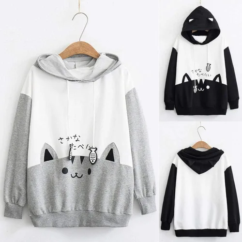 Vista 3 de Sudadera con capucha para mujer, estilo kawaii japonés, con bolsillo y estampado de gato, manga larga