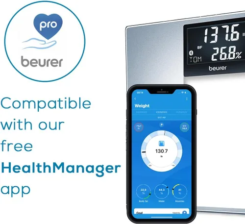 Vista 10 de Beurer Báscula inteligente BF720 para peso corporal, grasa corporal, agua corporal y más, capacidad de 400 libras, aplicación Bluetooth, datos