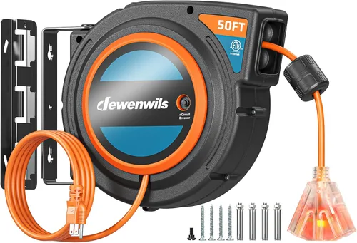 Vista 10 de DEWENWILS Carrete de cable de extensión retráctil de 50 pies con 6 tomas con conexión a tierra, cable de alimentación SJTOW resistente 14/3C