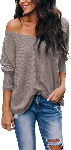 Vista 6 de iGenjun - Suéter casual con cuello en V, hombros descubiertos, mangas de murciélago, sin botones, para mujer Azul
