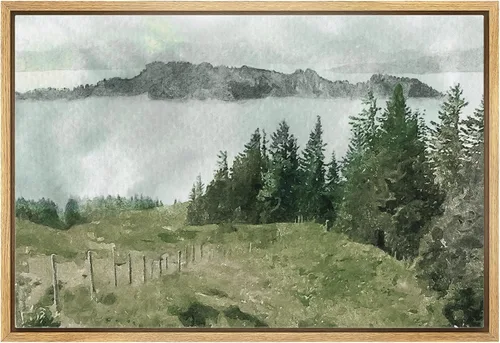 Vista 38 de wall26 Lienzo enmarcado de arte de pared, acuarela en tonos pastel, pino, árbol, bosque, lago, naturaleza, ilustraciones de área silvestre, arte
