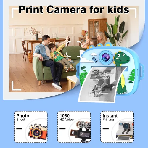 Vista 3 de Cámara para niños con impresión instantánea, cámaras duales delanteras y traseras, juguete digital de viaje portátil, cumpleaños para niñas y niños