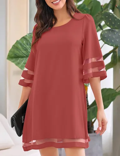 Vista 5 de LookbookStore - Vestido estilo túnica para mujer, holgado, con mangas 34 acampanadas con panel de malla, cuello redondo