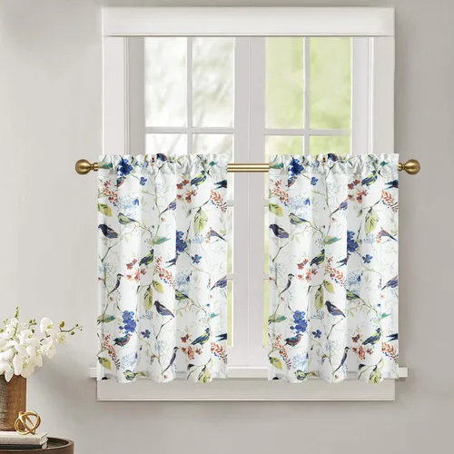 Vista 29 de Leeva - Cortinas pequeñas con estampado de pájaros, 24 pulgadas de largo, conjunto de paneles para ventanas, diseño de estampado de pájaros