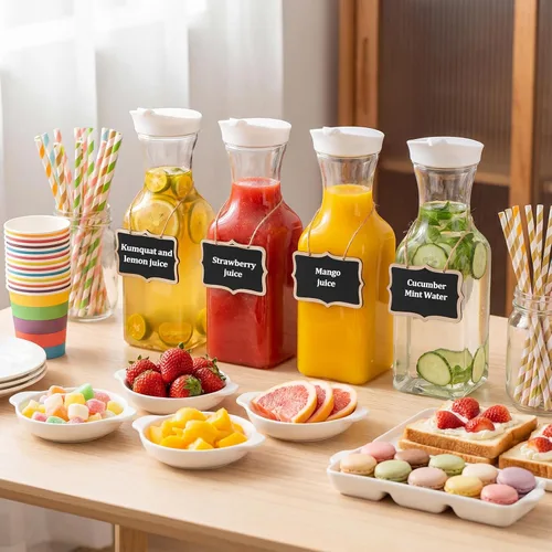 Vista 5 de Jucoan Paquete de 4 jarras de jugo de plástico de 1 litro con tapas para barra de mimosa, brunch, jarras de agua transparente con tapa abatible