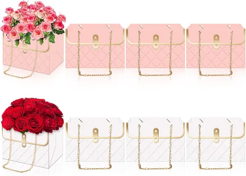 Vista 8 de Whaline 6 bolsas de papel de flores con cadena de metal, ramo de almacenamiento, bolsa de floristería, bolsa de mano, cesta de envoltura de ramo