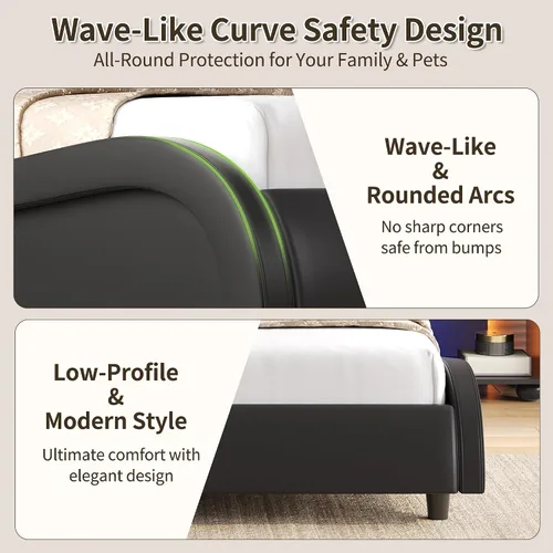 Vista 7 de Keyluv Armazón de cama moderno tapizado con plataforma con cabecera LED ajustable y diseño de curva ondulada y soporte de listones de madera sólida