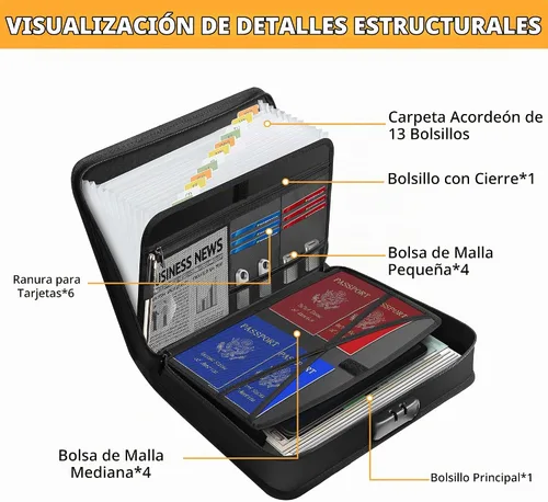Vista 2 de JUNDUN Organizador de archivos de acordeón con cerradura, organizador de documentos ignífugos con múltiples bolsillos con asa y cremallera, carpeta