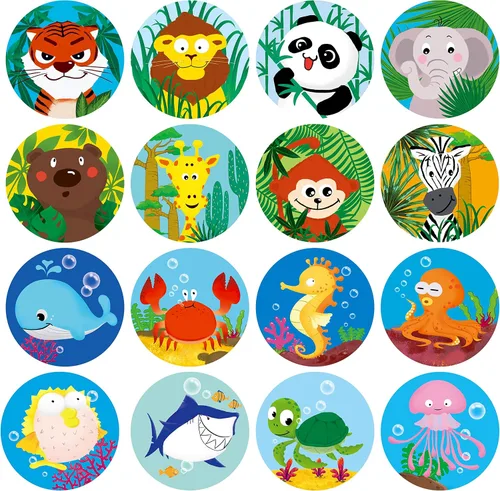 Vista 2 de 600 calcomanías redondas de animales marinos de zoológico en 16 diseños con línea perforada versión ampliada (cada uno mide 1.5 pulgadas de diámetro)