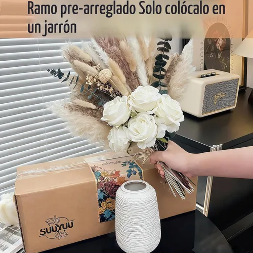 Vista 5 de 100 piezas de arreglo de flores artificiales con jarrón, rosas de seda artificiales en jarrón, decoraciones para mesa de café, pasto pampas seco
