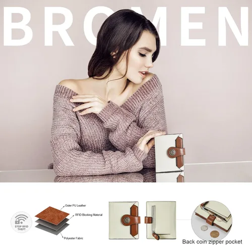 Vista 2 de BROMEN Billeteras pequeñas para mujer, con bloqueo RFID, de cuero, plegable, con cremallera, bolsillo para monedas, tarjetero con ventanas